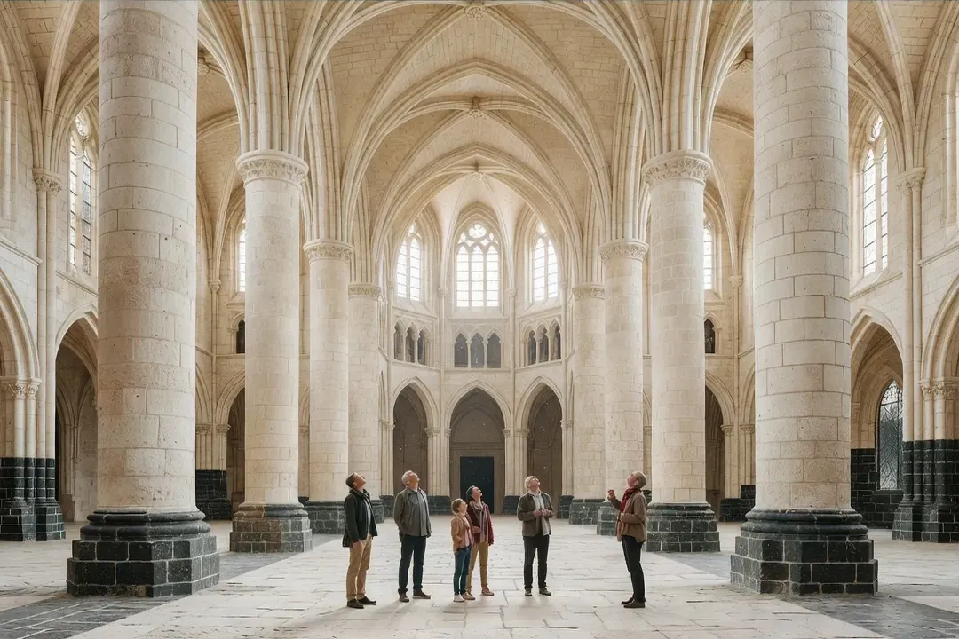 Visiteurs admirant la nef gothique d'une abbatiale de l'Oise