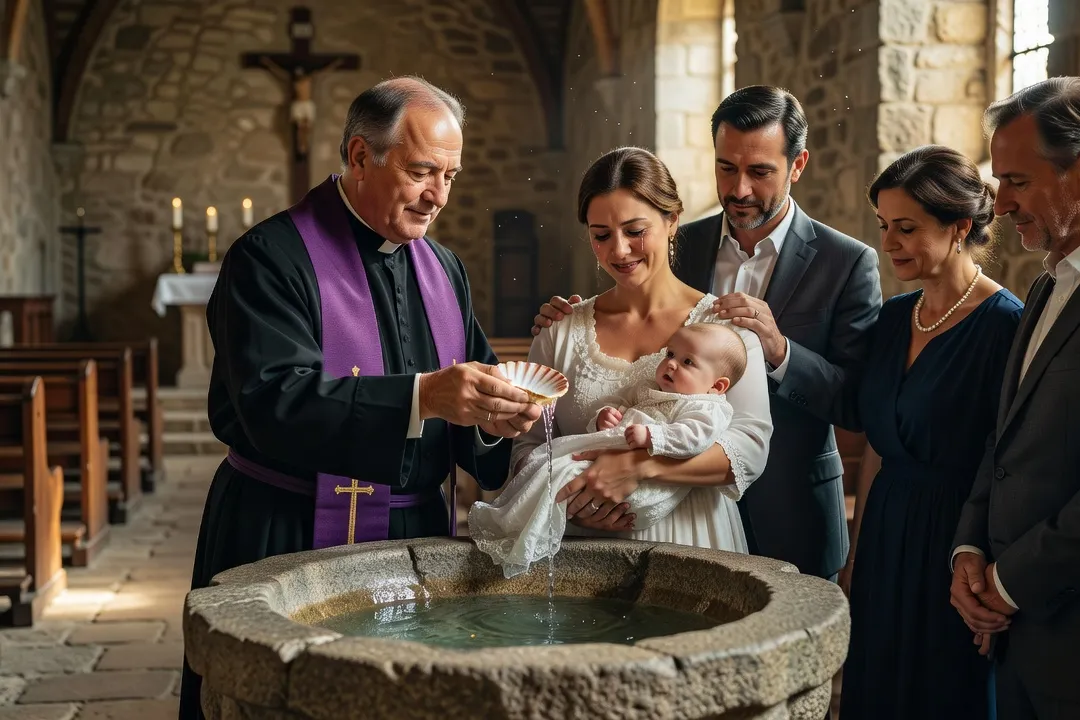 Prêtre versant l'eau du baptême sur la tête d'un nourrisson
