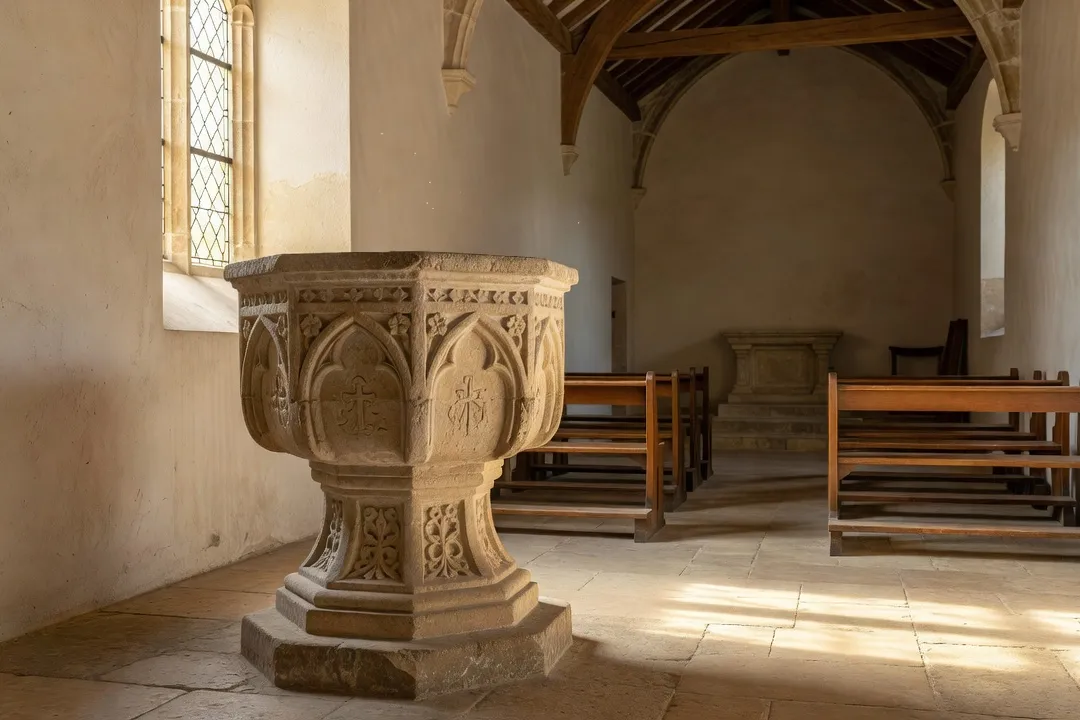 Fonts baptismaux en pierre dans une église rurale de l'Oise