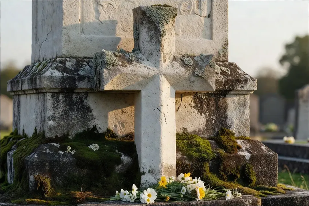 Croix monumentale de cimetière en pierre calcaire patinée par le temps