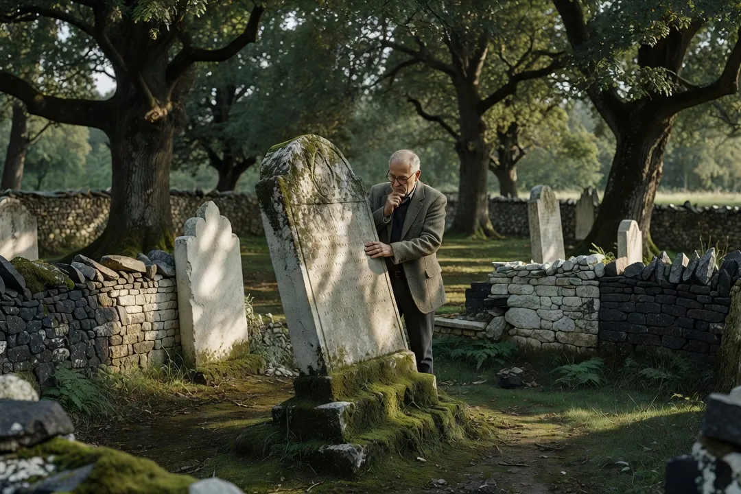 Visiteur lisant une inscription sur une stèle ancienne du XIXe siècle