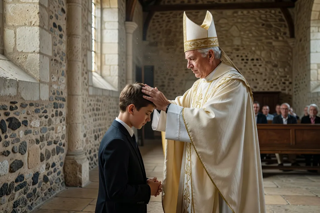 Évêque imposant les mains sur un confirmand lors d'une cérémonie de confirmation
