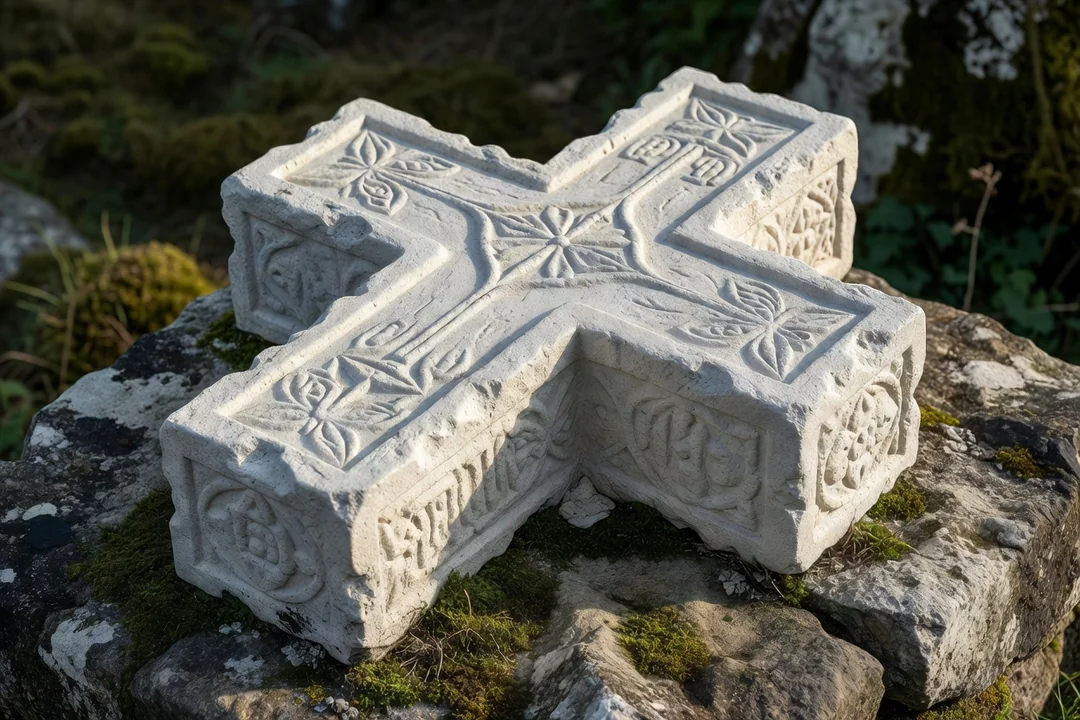 Détail d'une croix de chemin médiévale sculptée dans un seul bloc de calcaire