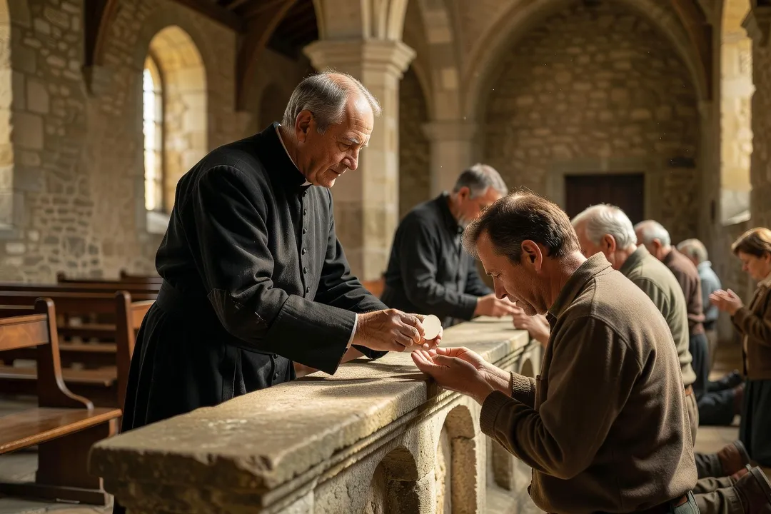 Prêtre donnant la communion à un fidèle