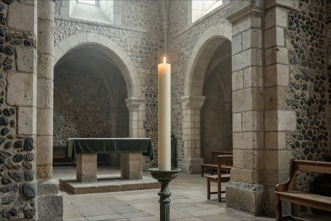 Cierge pascal allumé près de l'autel d'une église romane