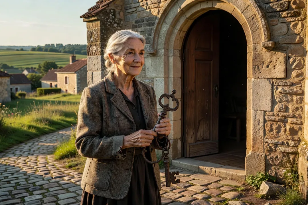 Bénévole paroissiale devant l'entrée d'une église rurale