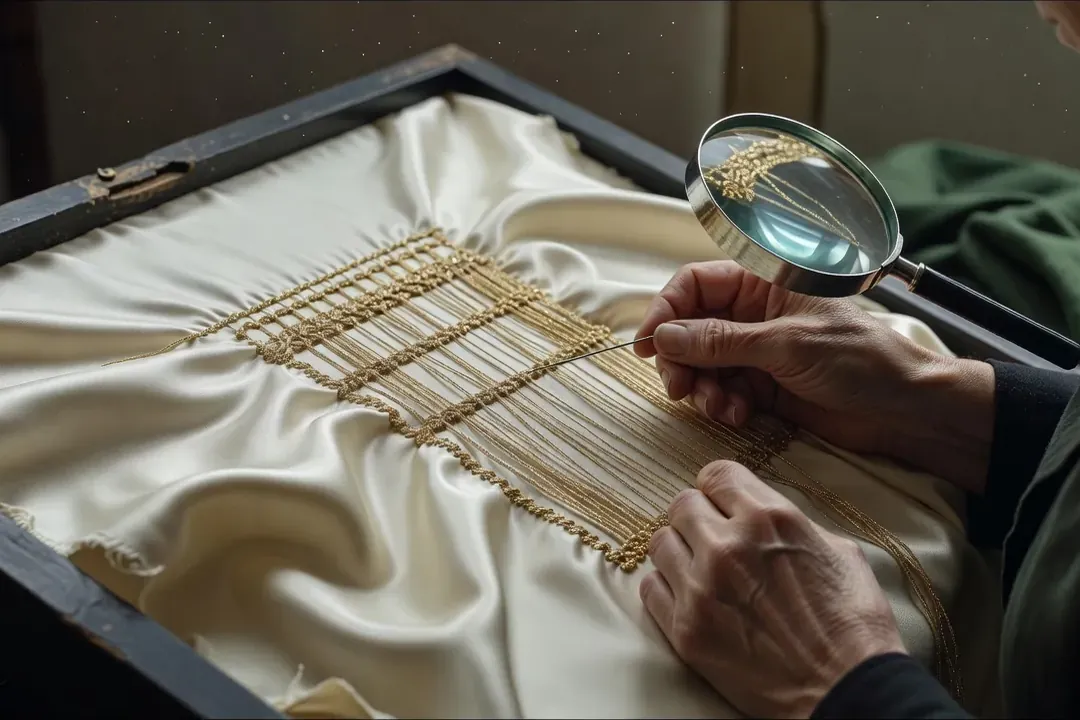 Mains de brodeuse posant des fils métalliques d'or sur une étole