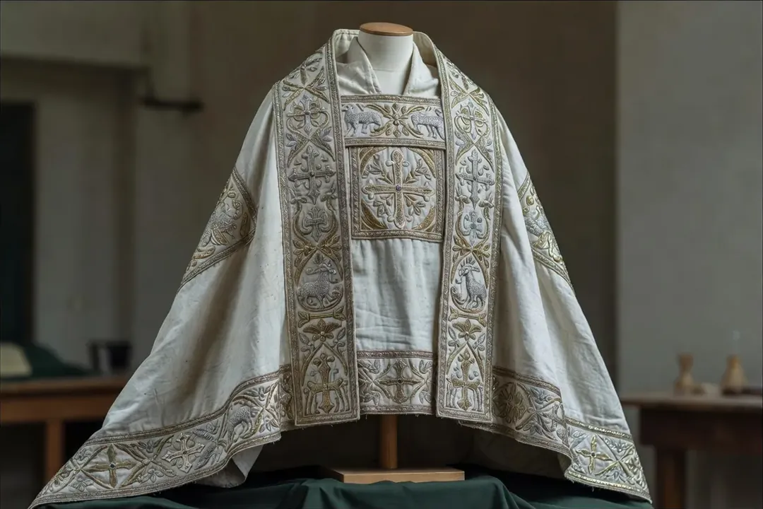 Chasuble ancienne richement brodée exposée sur un mannequin d'atelier