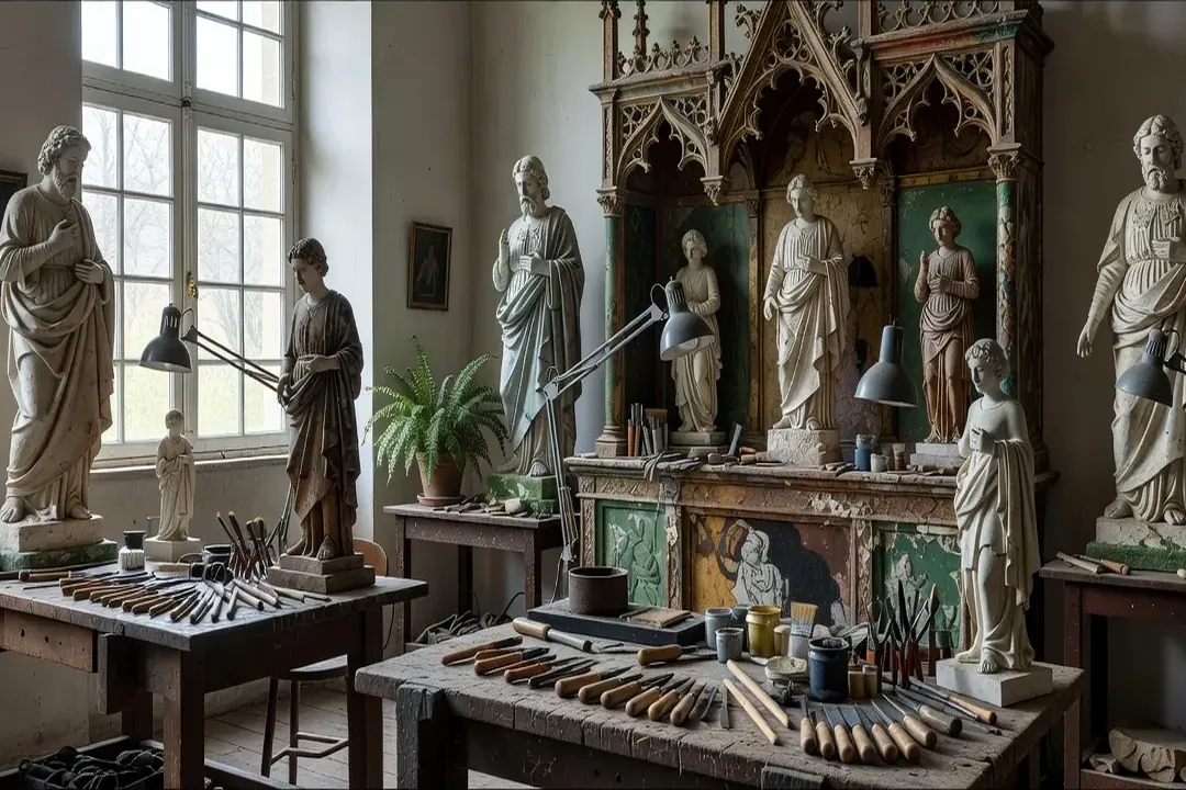 Atelier de restauration d'art sacré avec statues et retables anciens