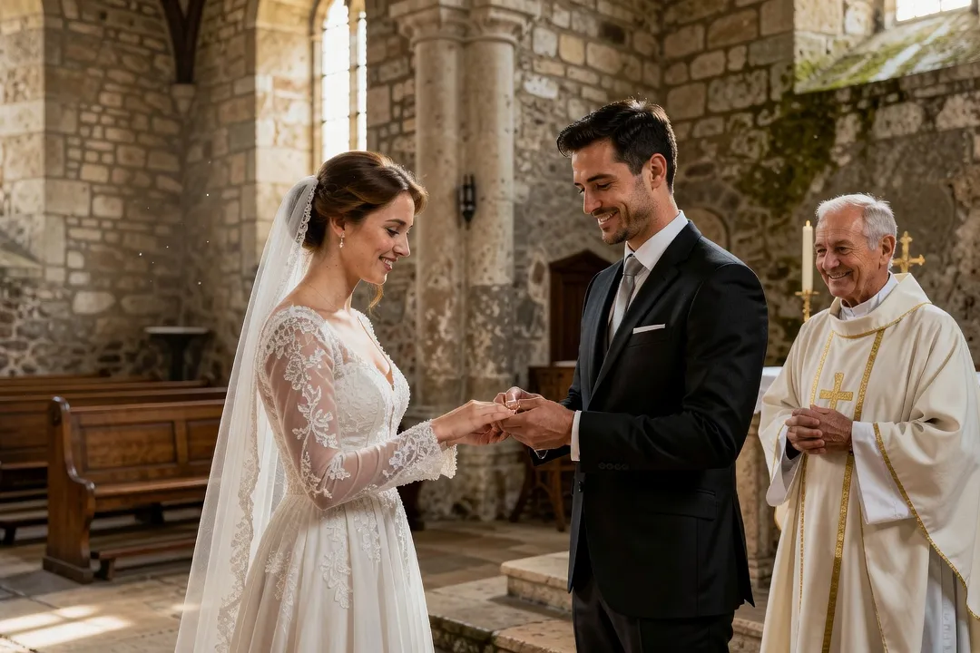 Échange des alliances lors d'un mariage catholique