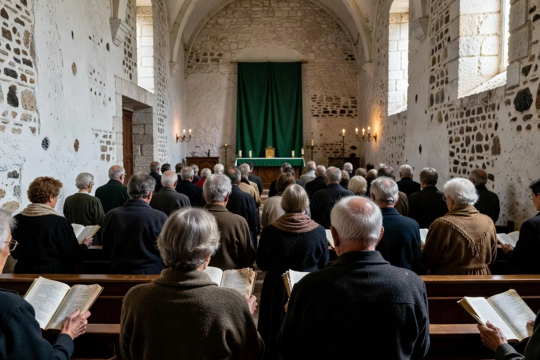 Fidèles adultes dans la nef d'une église rurale du Pays de Bray lors d'une messe
