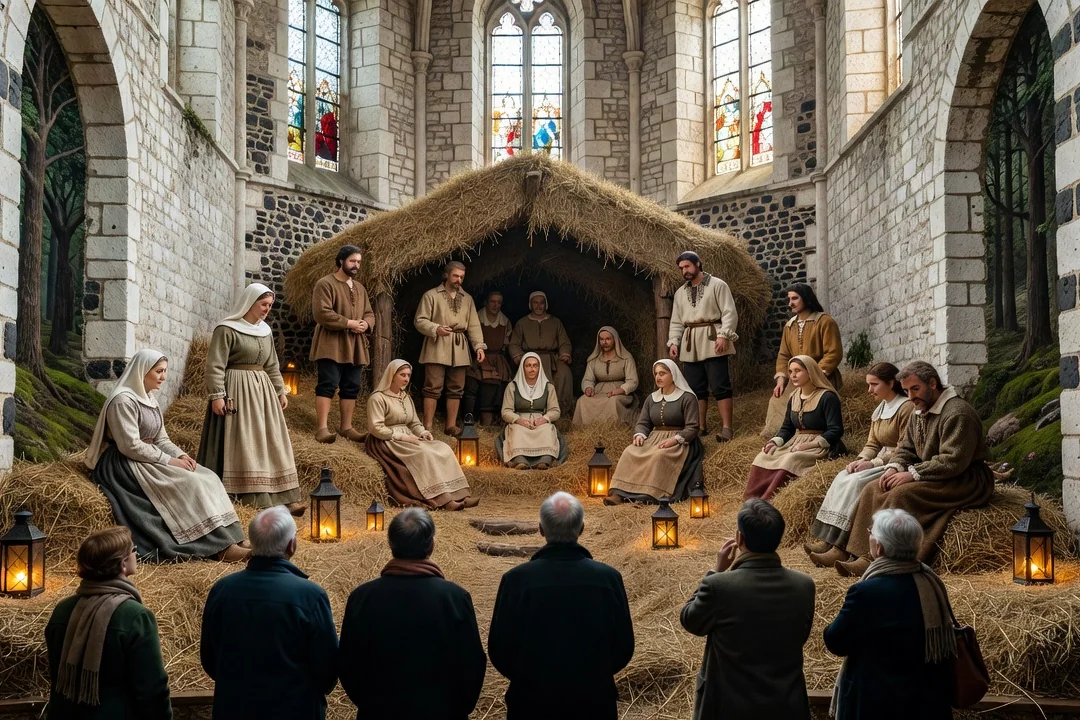 Crèche géante présentée dans une nef d'église rurale, personnages costumés entourés de visiteurs