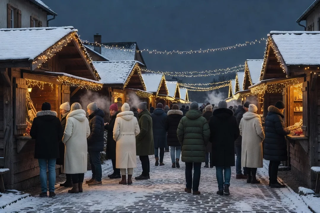 Marché de Noël en soirée, chalets en bois et guirlandes lumineuses sous la neige