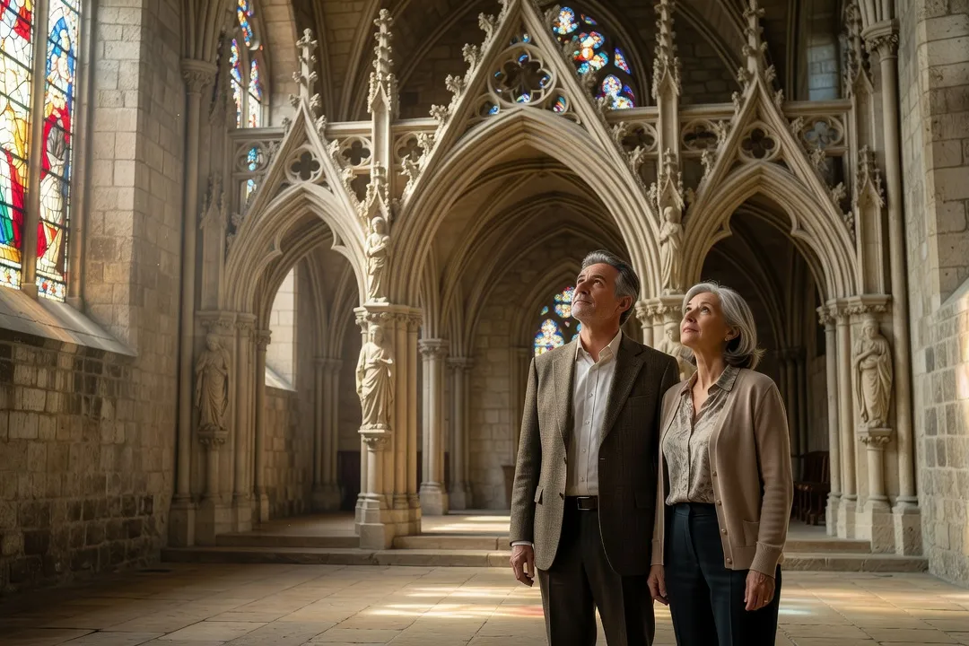 Visiteurs découvrant le chœur gothique flamboyant d'une église rurale
