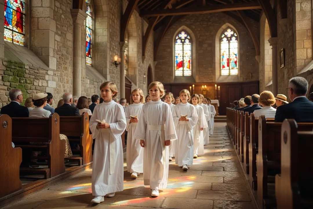 Enfants en aube blanche lors de la procession de première communion