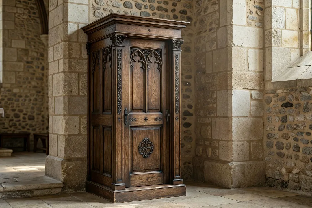 Confessionnal en bois dans une église rurale du Pays de Bray