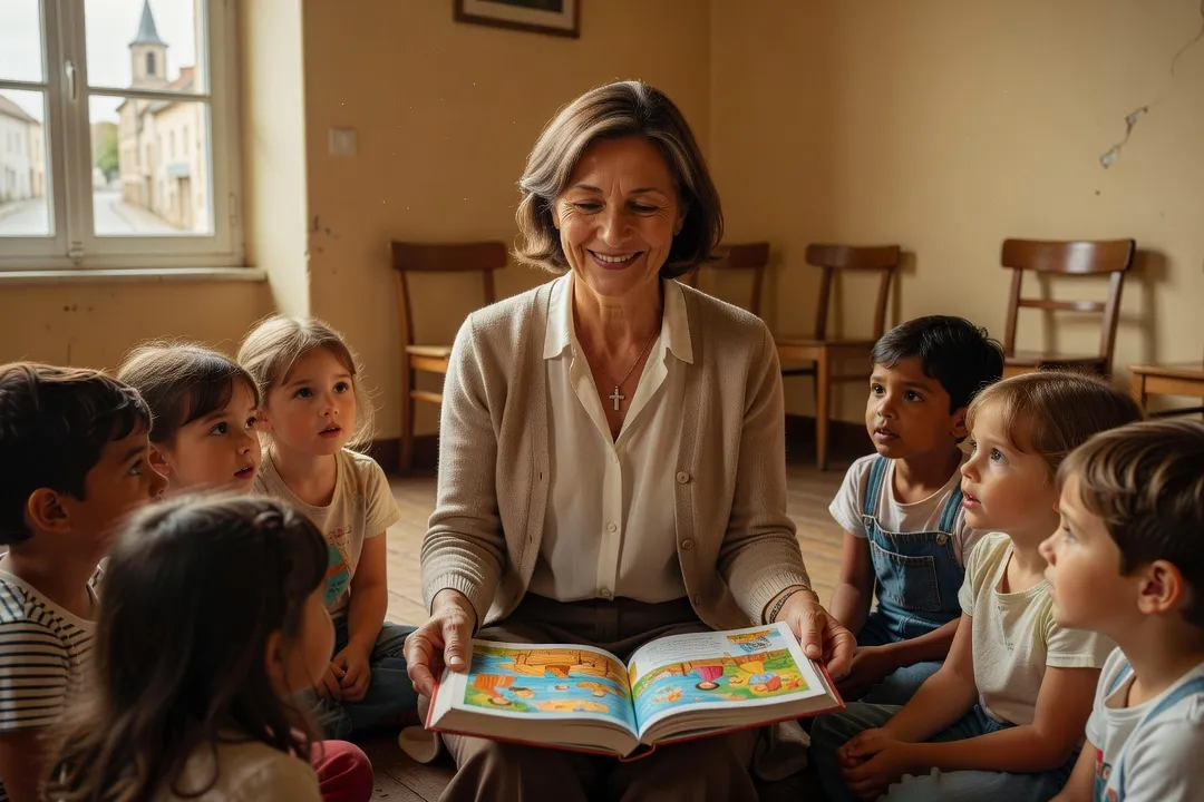 Catéchiste transmettant la foi à un groupe d'enfants