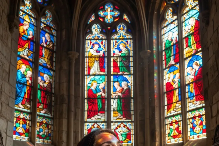 Visiteuse contemplant les vitraux de la Sainte-Chapelle