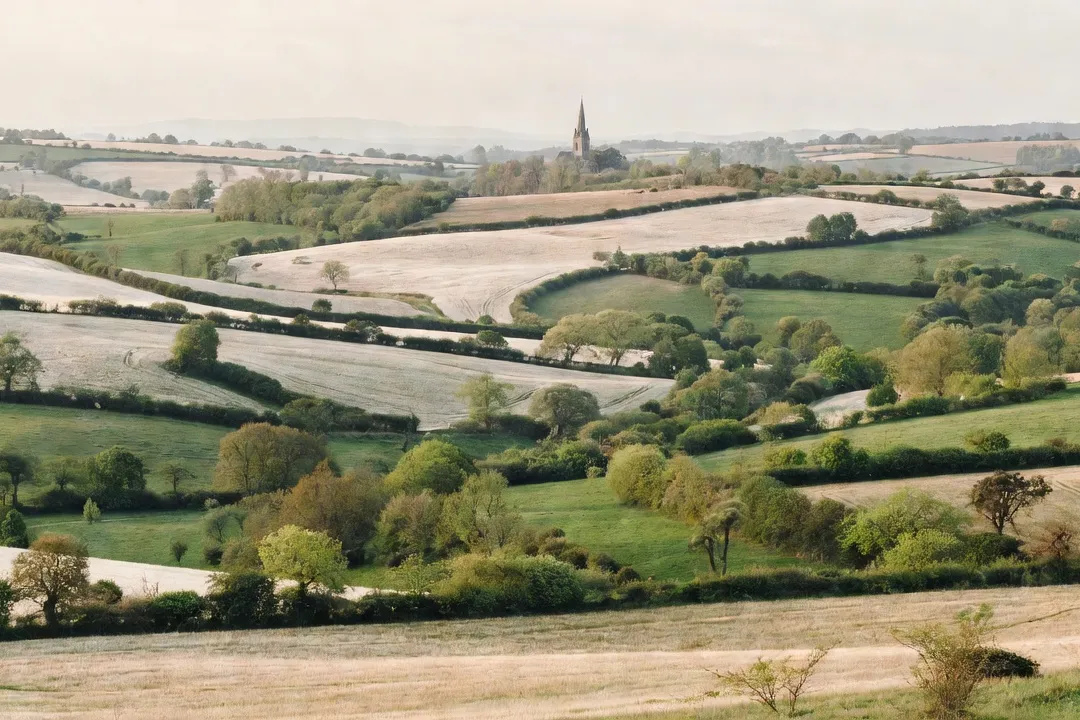 Paysage bocager du Pays de Bray oisien avec un clocher rural à l'horizon