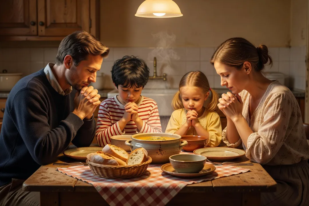 Famille catholique réunie en prière avant le repas