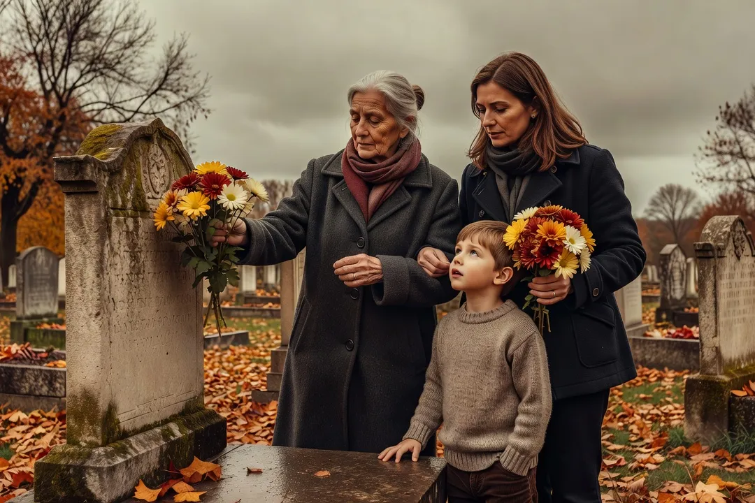 Famille déposant des chrysanthèmes sur une tombe pour la Toussaint