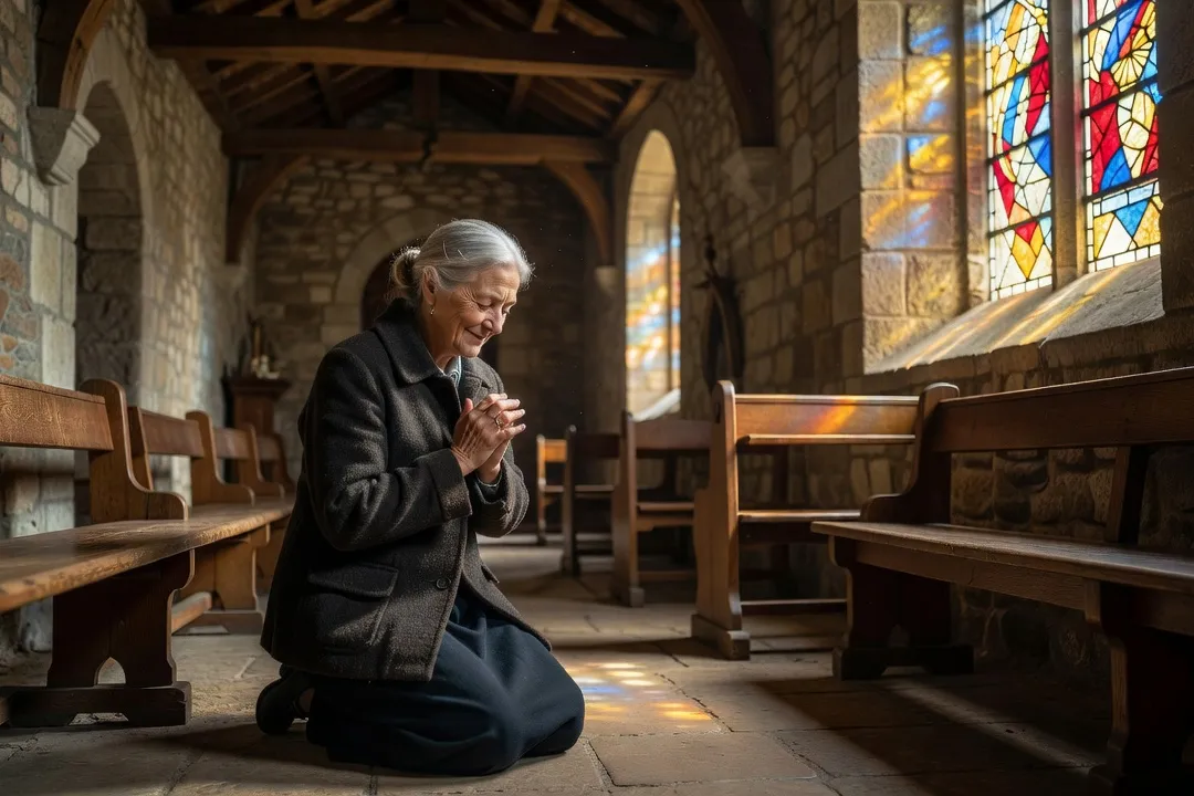 Femme en prière silencieuse dans une église rurale