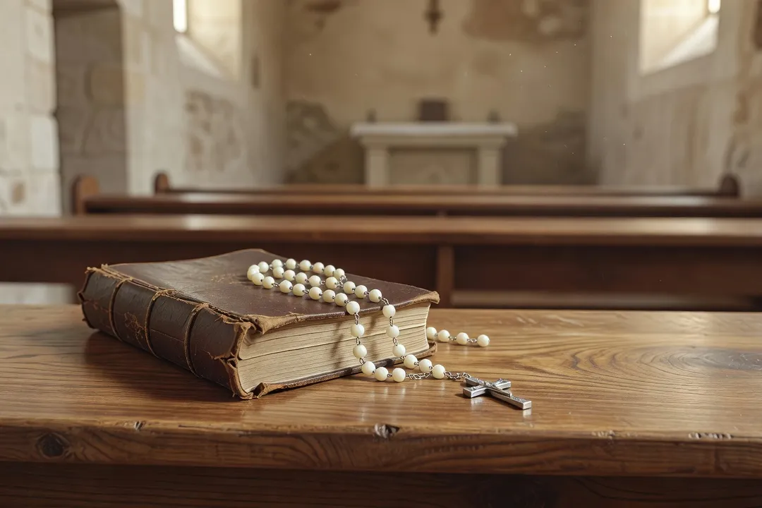 Chapelet et livre de prières posés sur un banc d'église