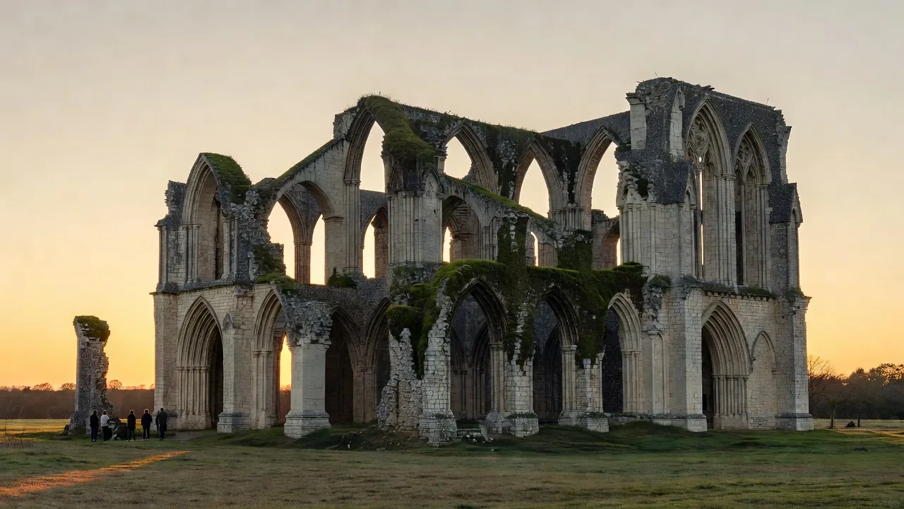 Ruines et bâtiments conventuels d'une ancienne abbaye de l'Oise au soleil couchant