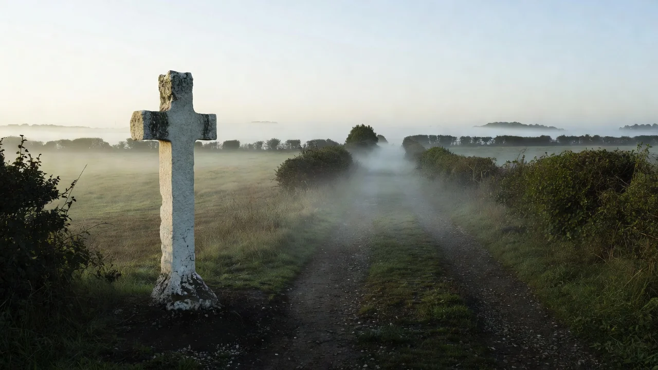 Vieille croix de chemin en pierre calcaire au bord d'un chemin rural du Pays de Bray, dans la brume douce du matin
