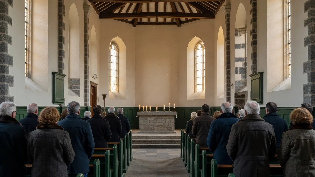 Fidèles adultes rassemblés dans la nef de pierre de craie d'une église du Pays de Bray lors d'une messe dominicale
