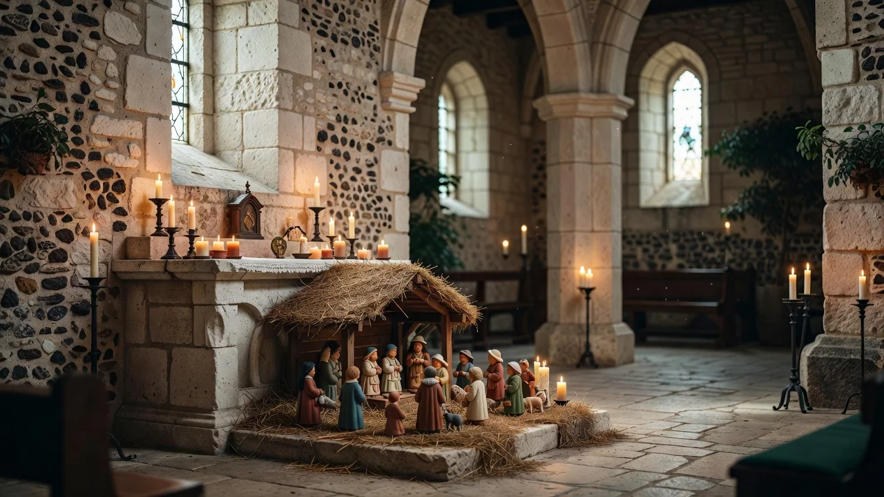 Crèche de Noël traditionnelle avec santons au pied d'un autel d'église rurale picarde, à la lueur des bougies