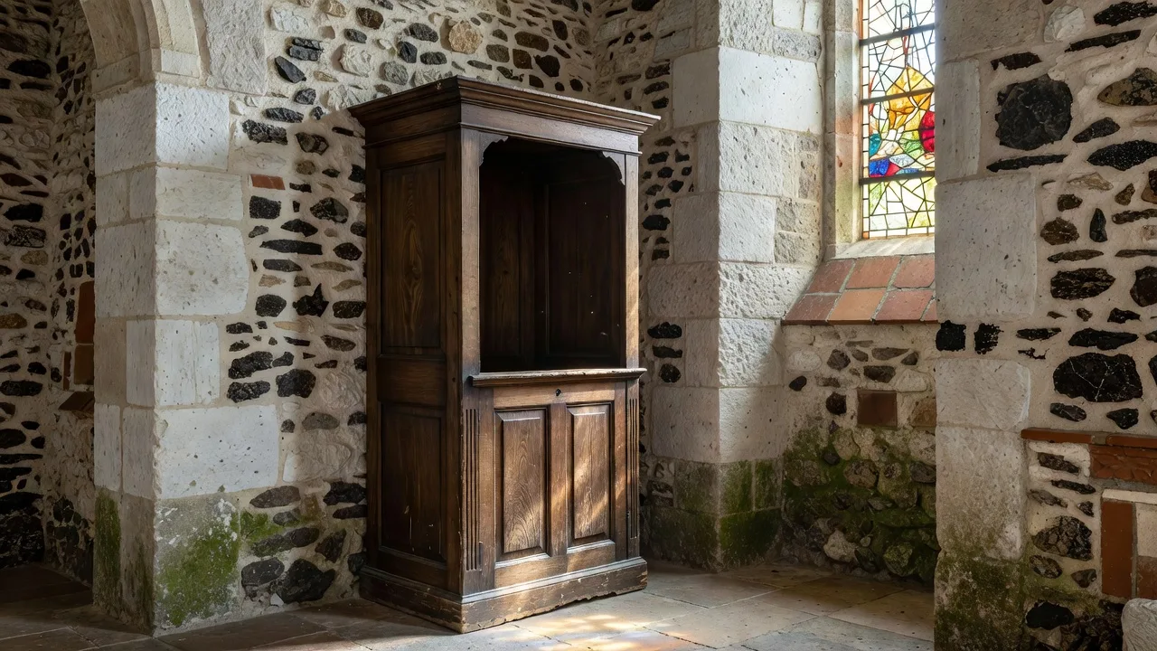 Confessionnal dans une église rurale évoquant le sacrement de réconciliation