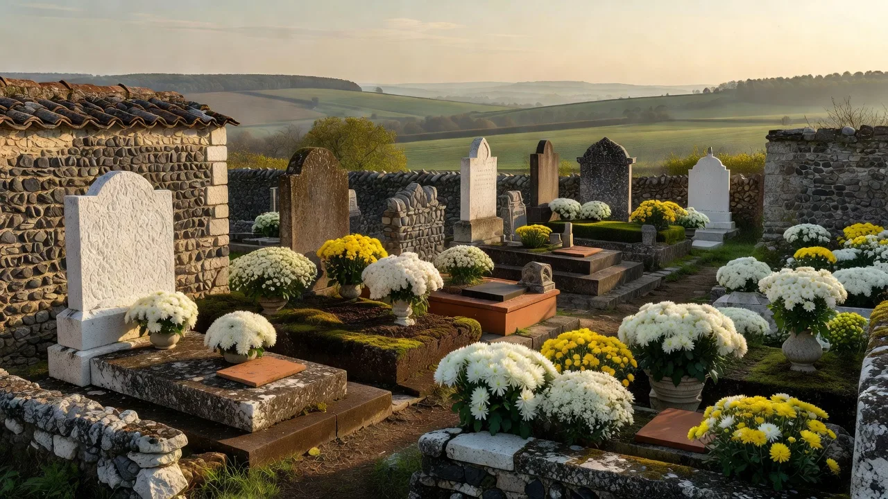 Cimetière fleuri de chrysanthèmes à la Toussaint