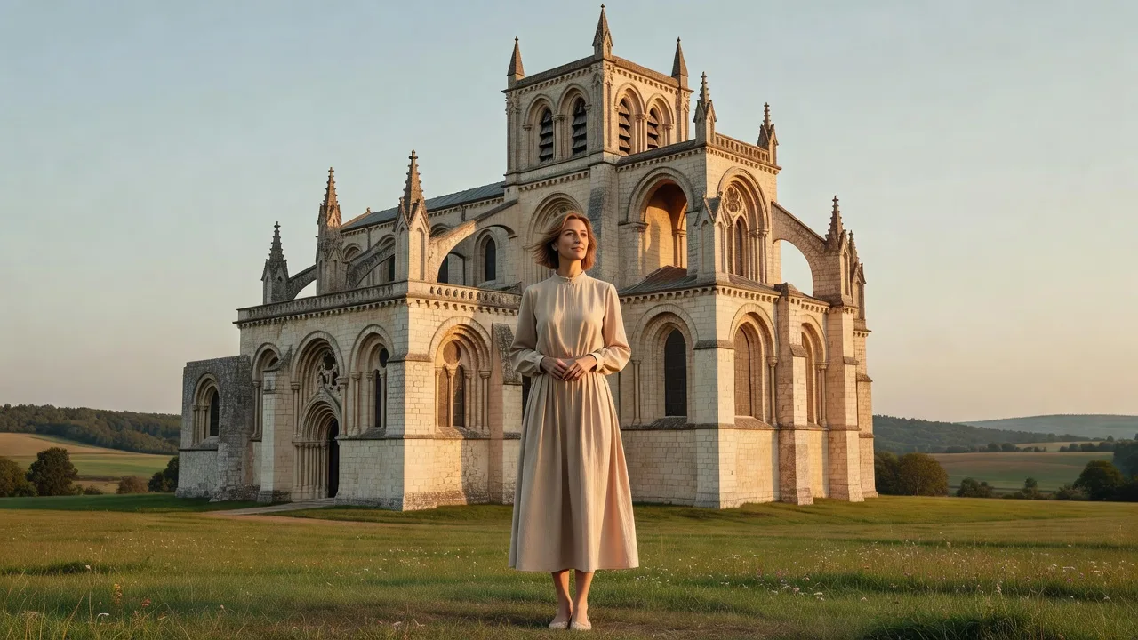 Femme élégante devant l'abbatiale Saint-Germer-de-Fly dans le Pays de Bray oisien