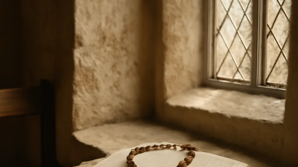 Chapelet et missel ouvert évoquant la prière catholique